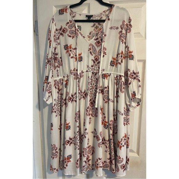 Torrid White Rust-Orange Paisley 3/4 Sleeve Washable Tunic Dress & Slip, Size 1X - Picture 3 of 6